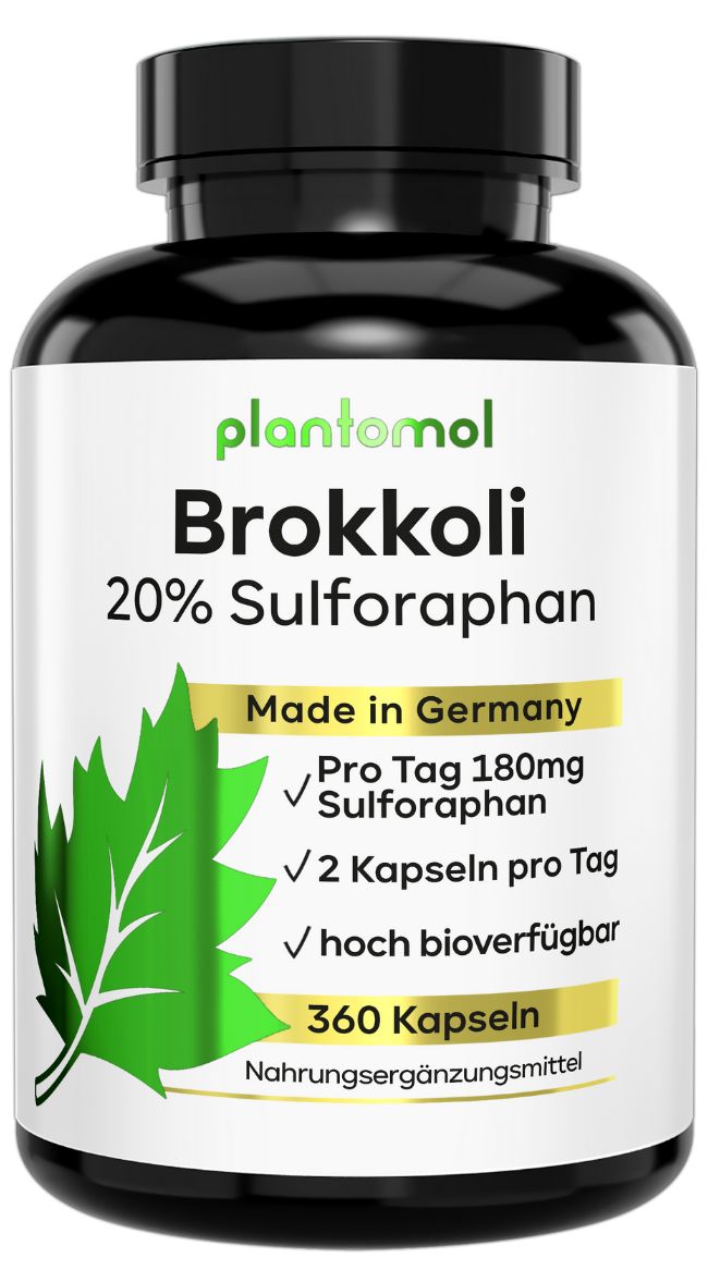 Braune Flasche mit grüner Aufschrift. Enthält Brokkoli Kapseln mit 20% Sulforaphan. 360 Kapseln. Hergestellt in Deutschland.