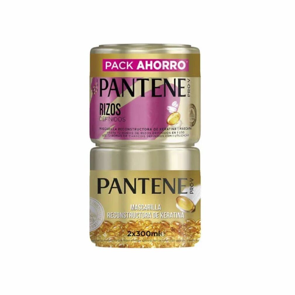 Zwei goldfarbene Tiegel. Oben: "PACK AHORRO", "PANTENE RIZOS DEFINIDOS". Unten: "MASCARILLA RECONSTRUCTORA DE KERATINA".