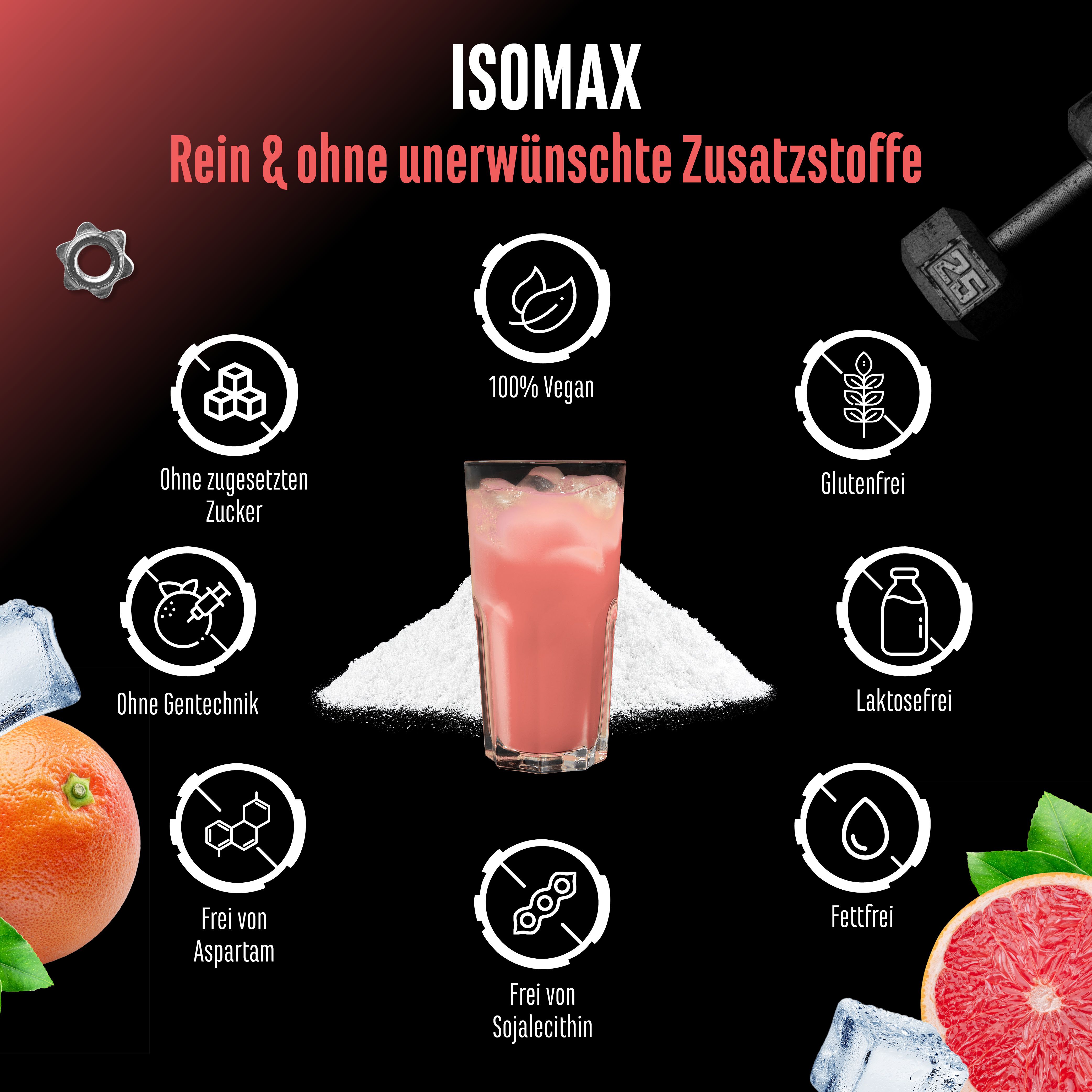 Werbefläche mit Glas Getränk, Pulverhaufen, Grapefruit und Logos. Text: ISOMAX, ohne Zucker, ohne Gentechnik, vegan, glutenfrei, fettfrei.