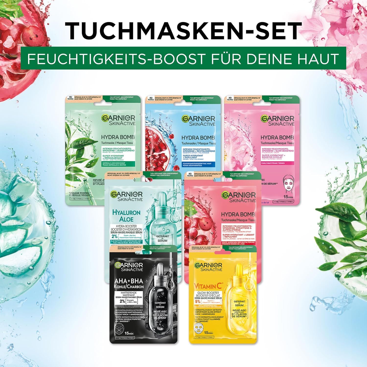 Garnier SkinActive Tuchmasken-Set. 7 Maskenpackungen. Aufdrucke: Hydra Bomb, Hyaluron Aloe, AHA+BHA, Vitamin C. Feuchtigkeits-Boost für die Haut.