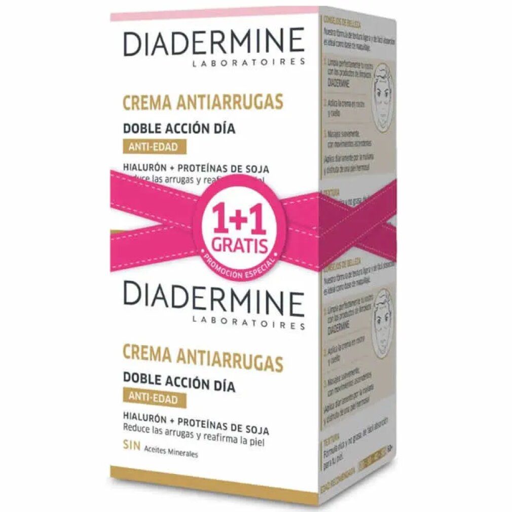 Diadermine Creme-Verpackung. Aufschrift: Creme Anti-Falten, 1+1 gratis. Rosa Schleife.