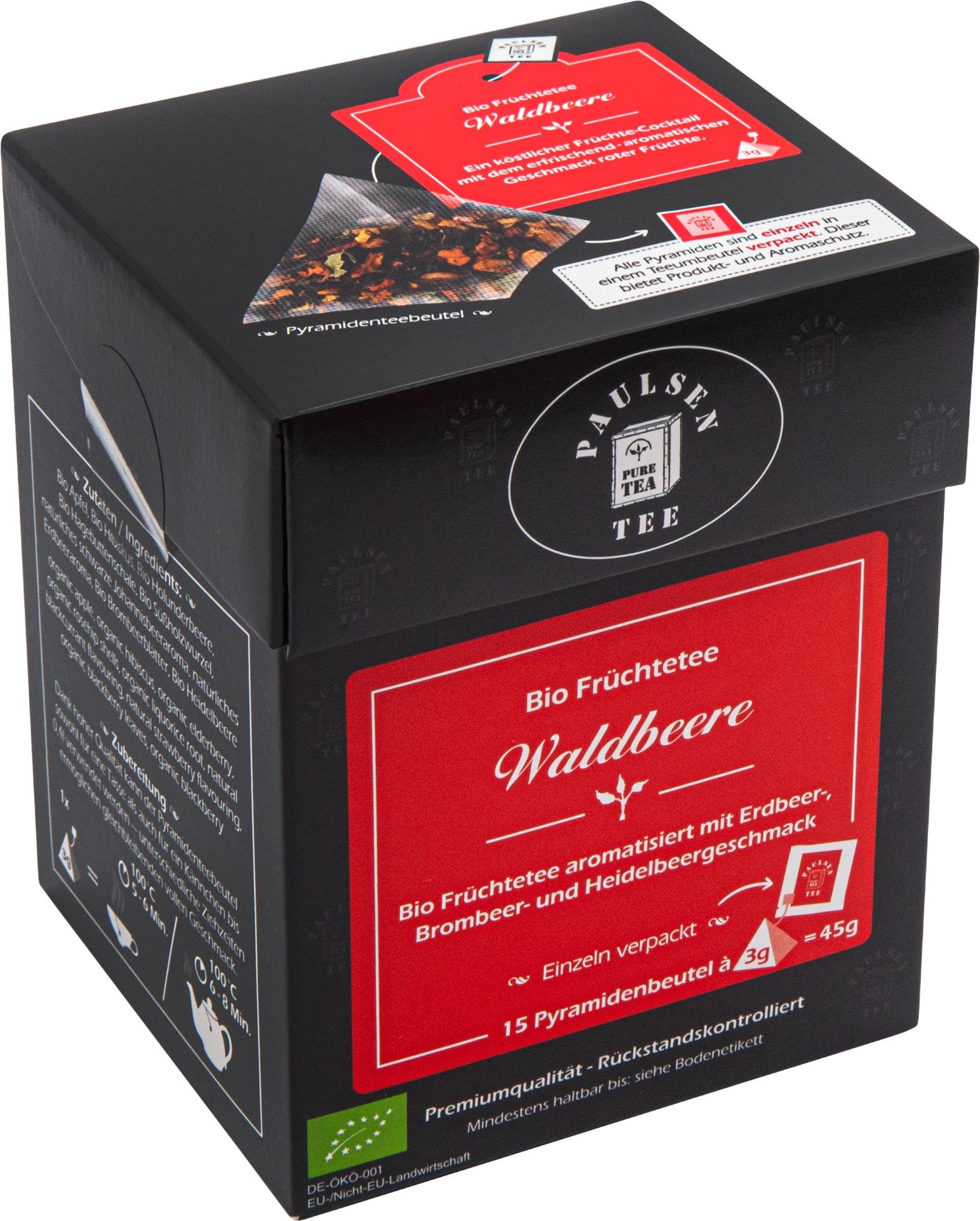 Schwarze Box mit rotem Etikett. Aufschrift: Bio Früchtetee Waldbeere. 15 Pyramidenbeutel. Paulsen Pure Tea Logo. Bio-Siegel.