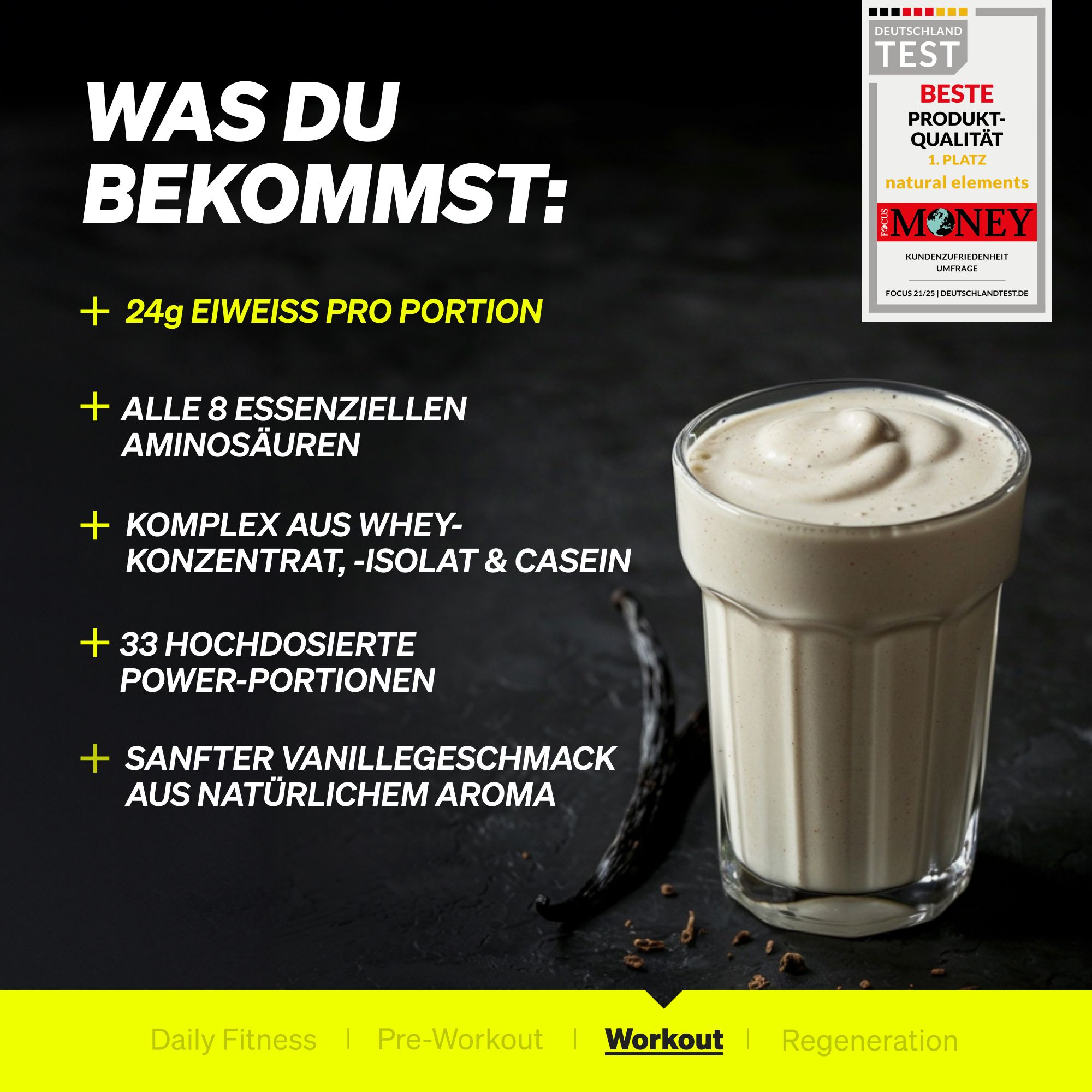 Glas mit Vanille-Whey-Protein-Shake, daneben Vanilleschote. Text: 24g Eiweiß pro Portion, alle 8 essentiellen Aminosäuren, sanfter Vanillegeschmack.