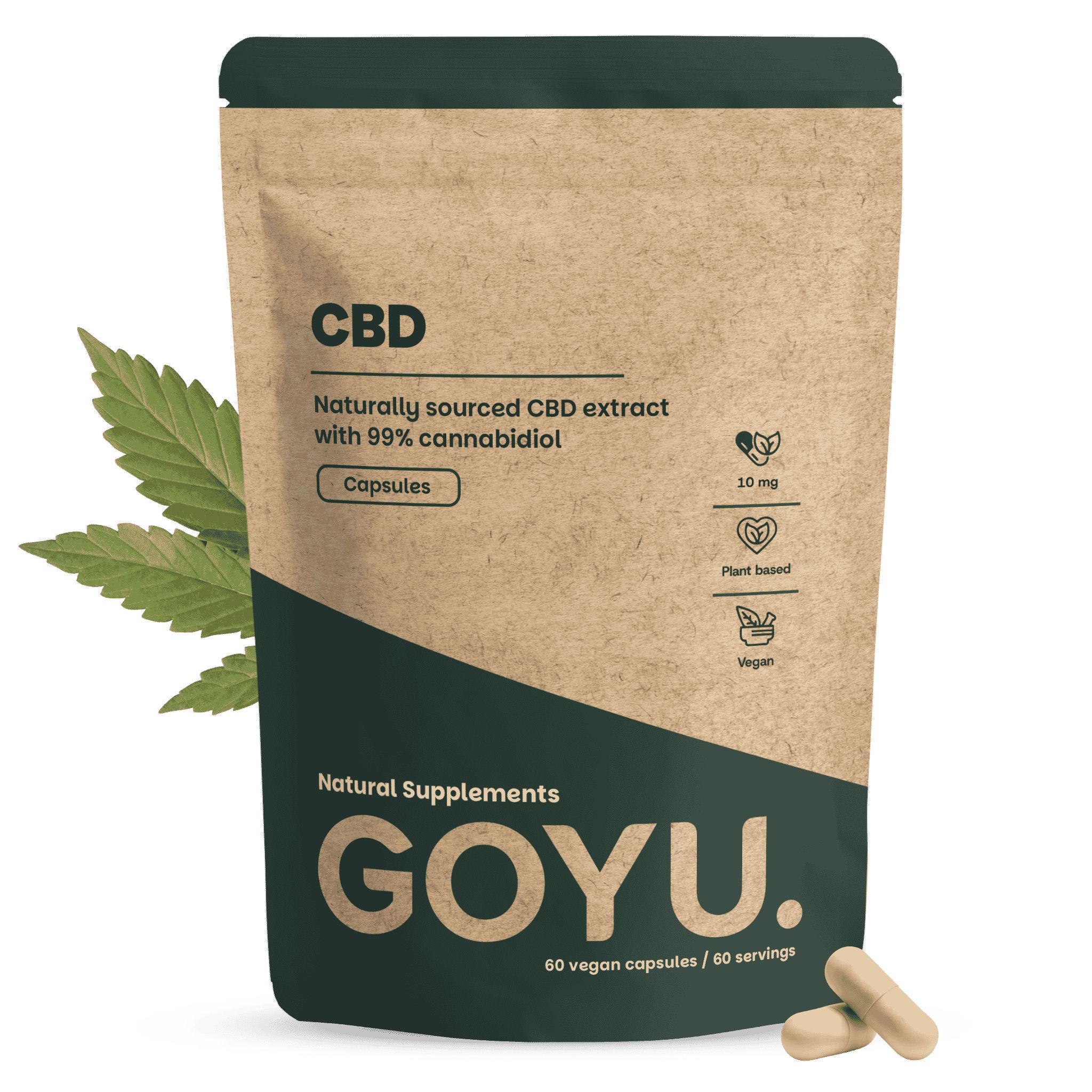 Braune Standbodenbeutel-Verpackung mit CBD-Kapseln, Hanfblatt und Produktinformationen.
