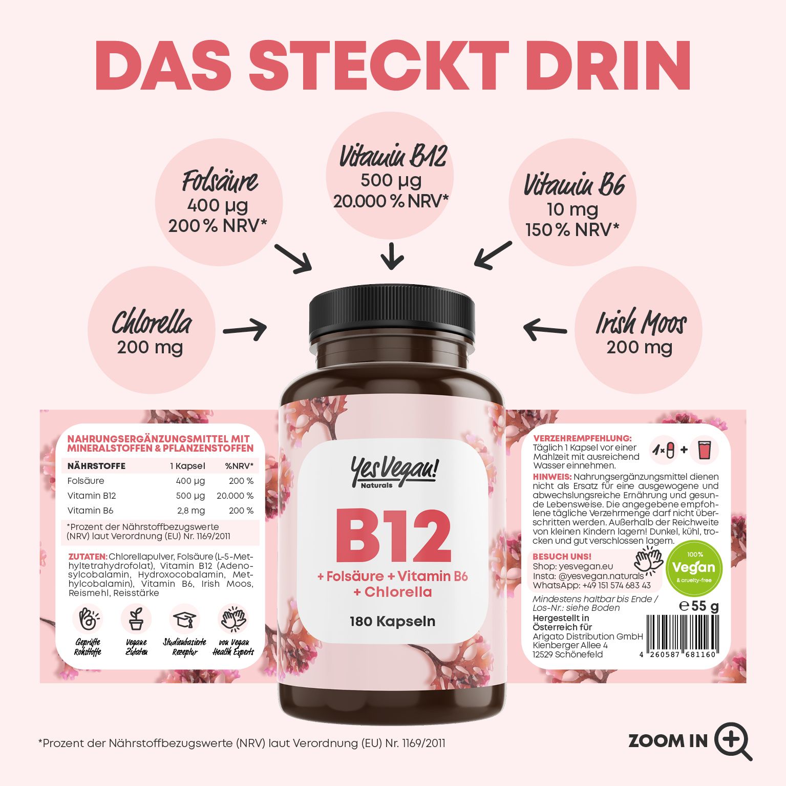 Yes Vegan®  Vitamin B12 hochdosiert (180 Kapseln) B12 Komplex mit Folsäure, Vitamin B6 I Chlorella