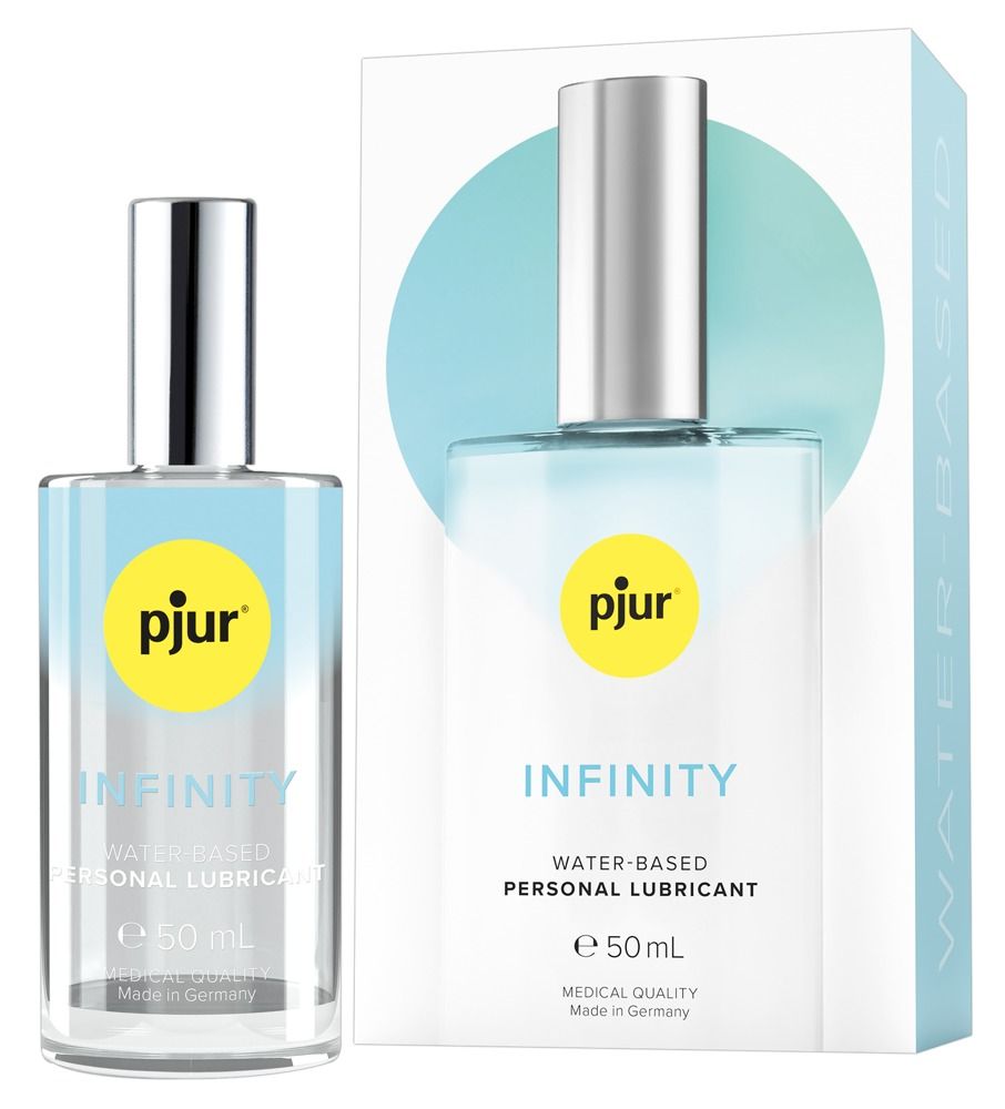 Klarflüssiges Produkt in einer Glasflasche mit silbernem Verschluss. Aufschrift: pjur, INFINITY, Wasserbasiert, 50 ml.
