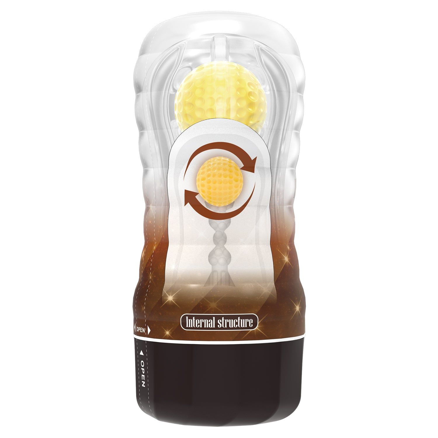 Vakuum-Cup-Masturbator. Transparentes Gehäuse, brauner Sockel. Gelber Einsatz. Text: VACUUM CUP MASTURBATOR, Stellar, Internal structure.