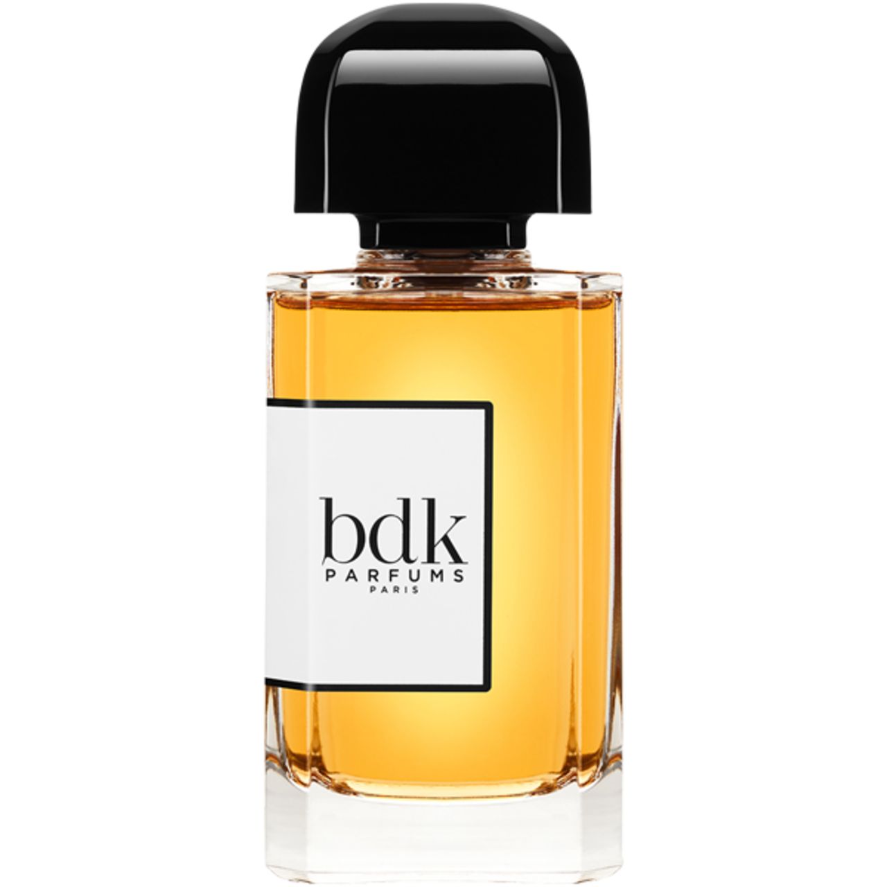 Parfümflakon mit schwarzem Verschluss. Auf dem Etikett steht "bdk PARFUMS PARIS".