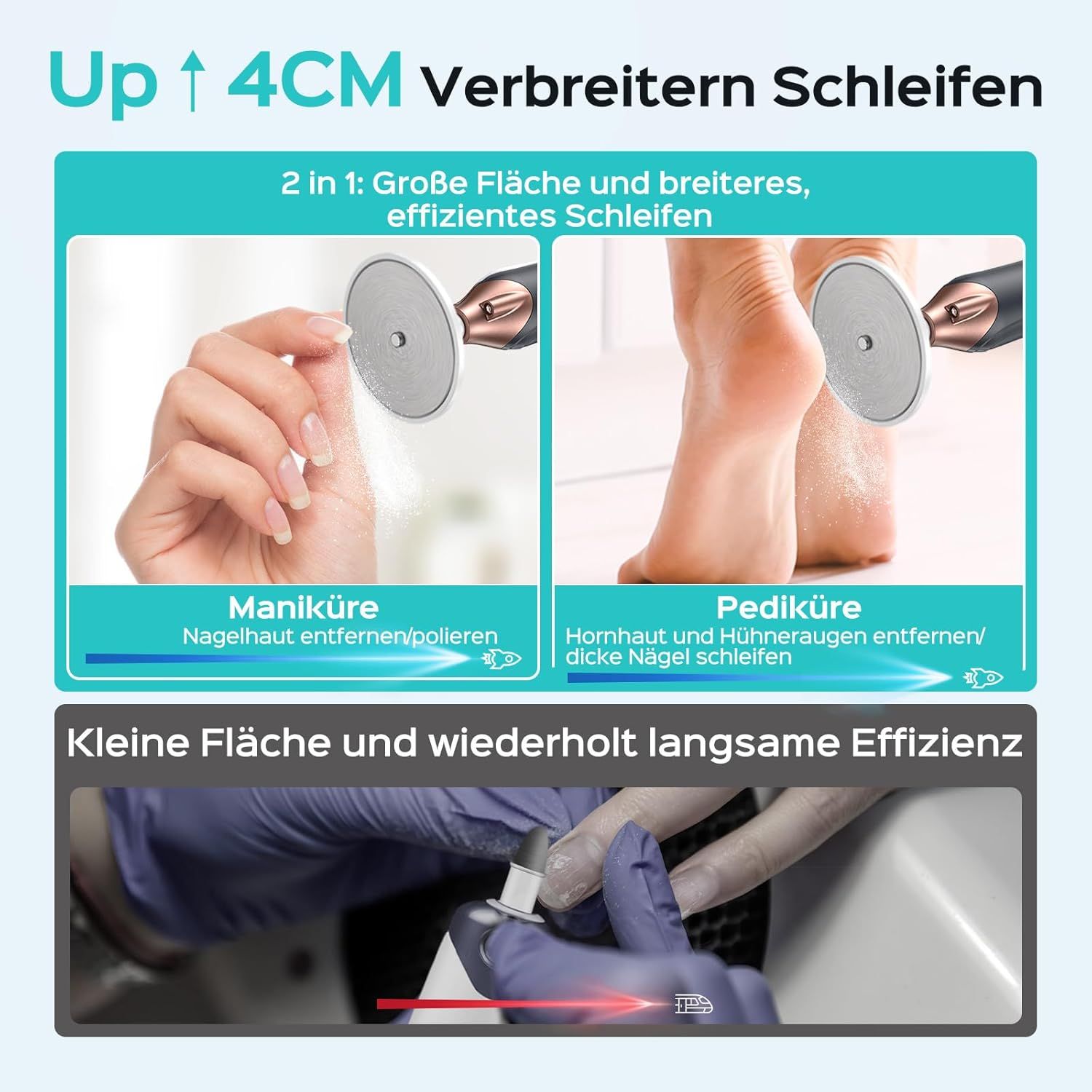 Elektrische Nagelfräser. 2-in-1: Große Flächen und breiteres Schleifen. Maniküre und Pediküre. Kleine Flächen und langsame Effizienz.