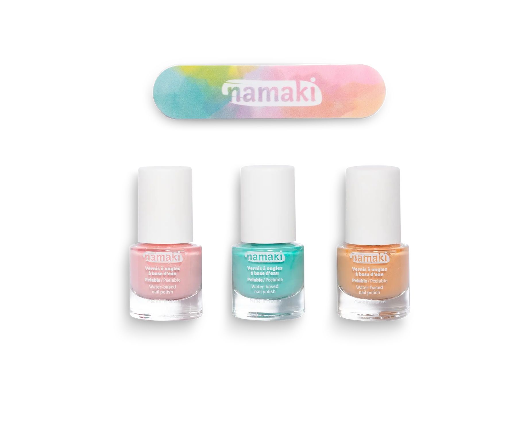 Drei Nagellackflaschen in Rosa, Türkis und Orange. Feile mit Farbverlauf. Marke: namaki. Weiße Deckel.