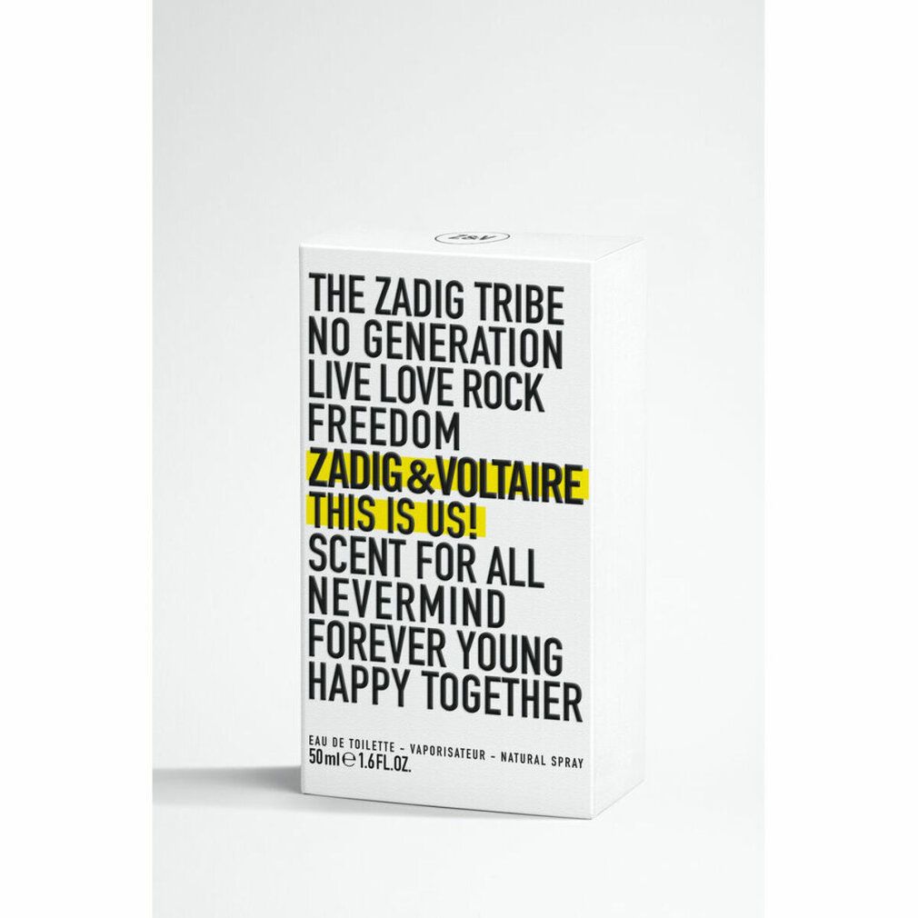 Weißer Karton mit Aufschrift: Zadig & Voltaire THIS IS US! Scent for All. 50ml.