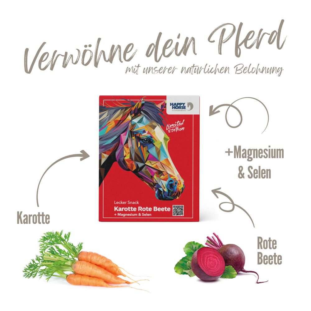 Rote Verpackung mit Produkt. Text: Happy Horse, Lecker Snack Karotte Rote Beete. Karotten, Rote Beete und Pfeile mit Text: Magnesium & Selen.