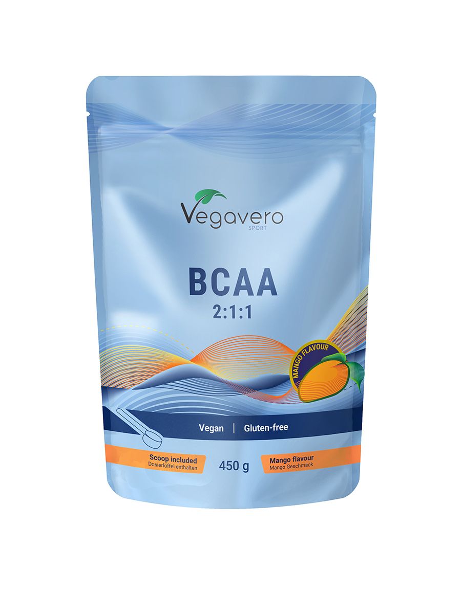 Hellblaue Beutel mit BCAA 2:1:1, Mango-Aroma, Vegan, Gluten-frei. Enthält Messlöffel. 450 g.