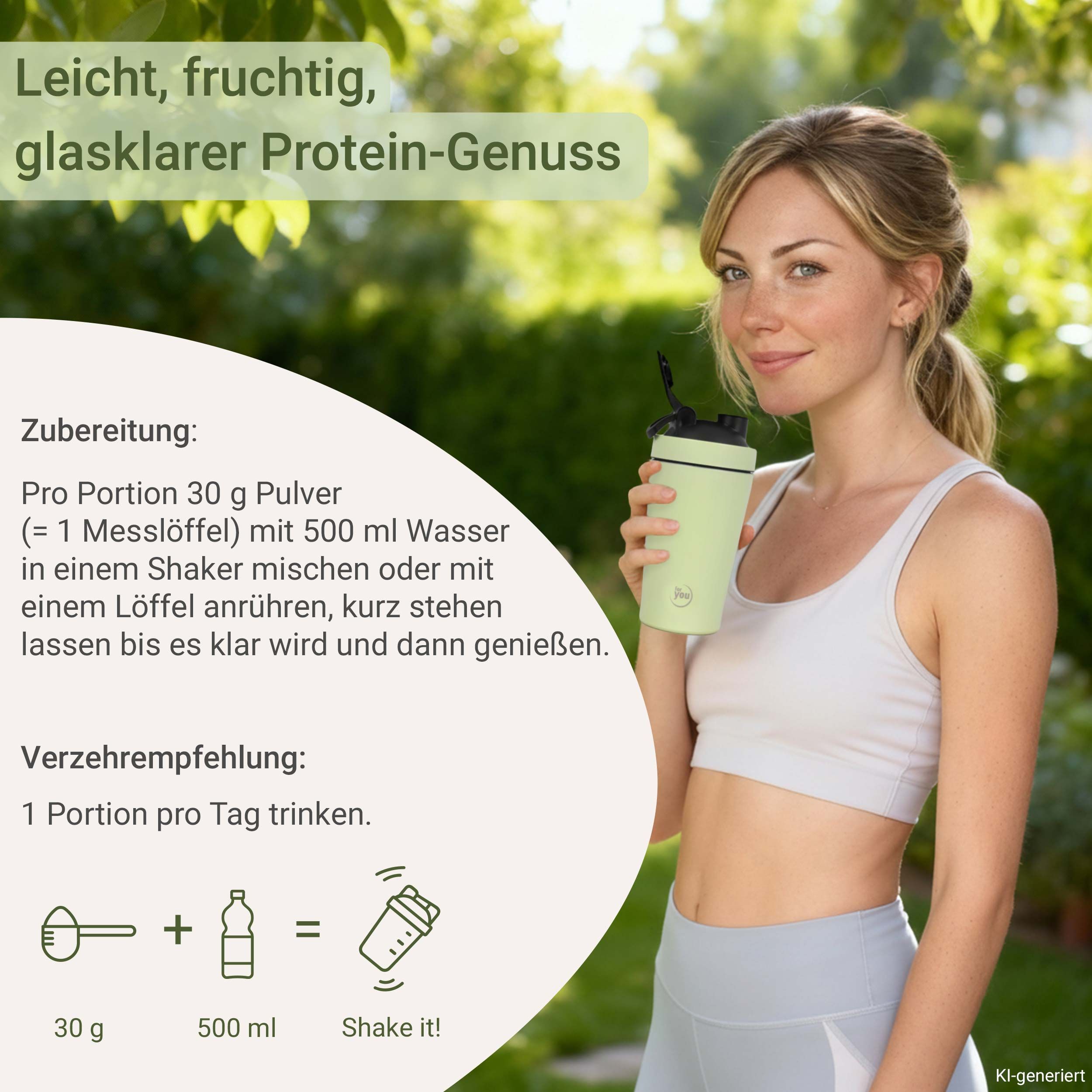 Frau hält einen Shaker mit Clear Whey Protein Isolate, mit Zubereitungsanleitung.