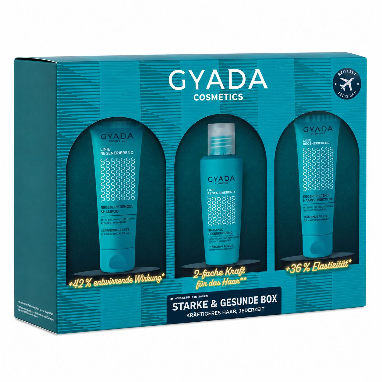 GYADA COSMETICS Geschenkbox mit drei Haarpflegeprodukten: Shampoo, Spülung und eine weitere Pflege.
