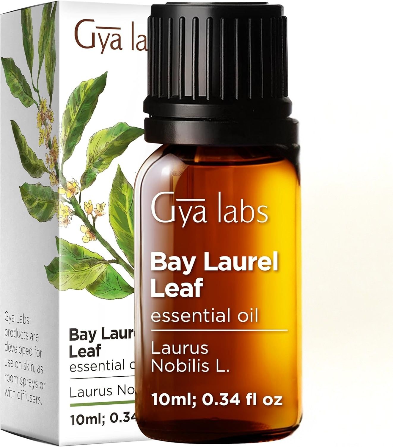 Braune Flasche, Karton. Text: Gya Labs, Bay Laurel Leaf, essential oil, 10ml; 0.34 fl oz.
