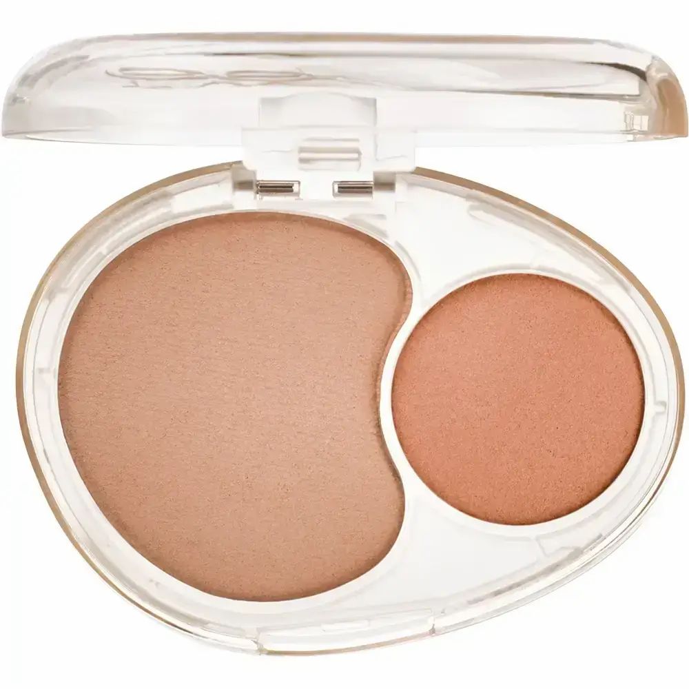 Zweifarbiger Rouge in ovaler, transparenter Verpackung. Enthält zwei Farbtöne: ein helleres und ein dunkleres Rosa.