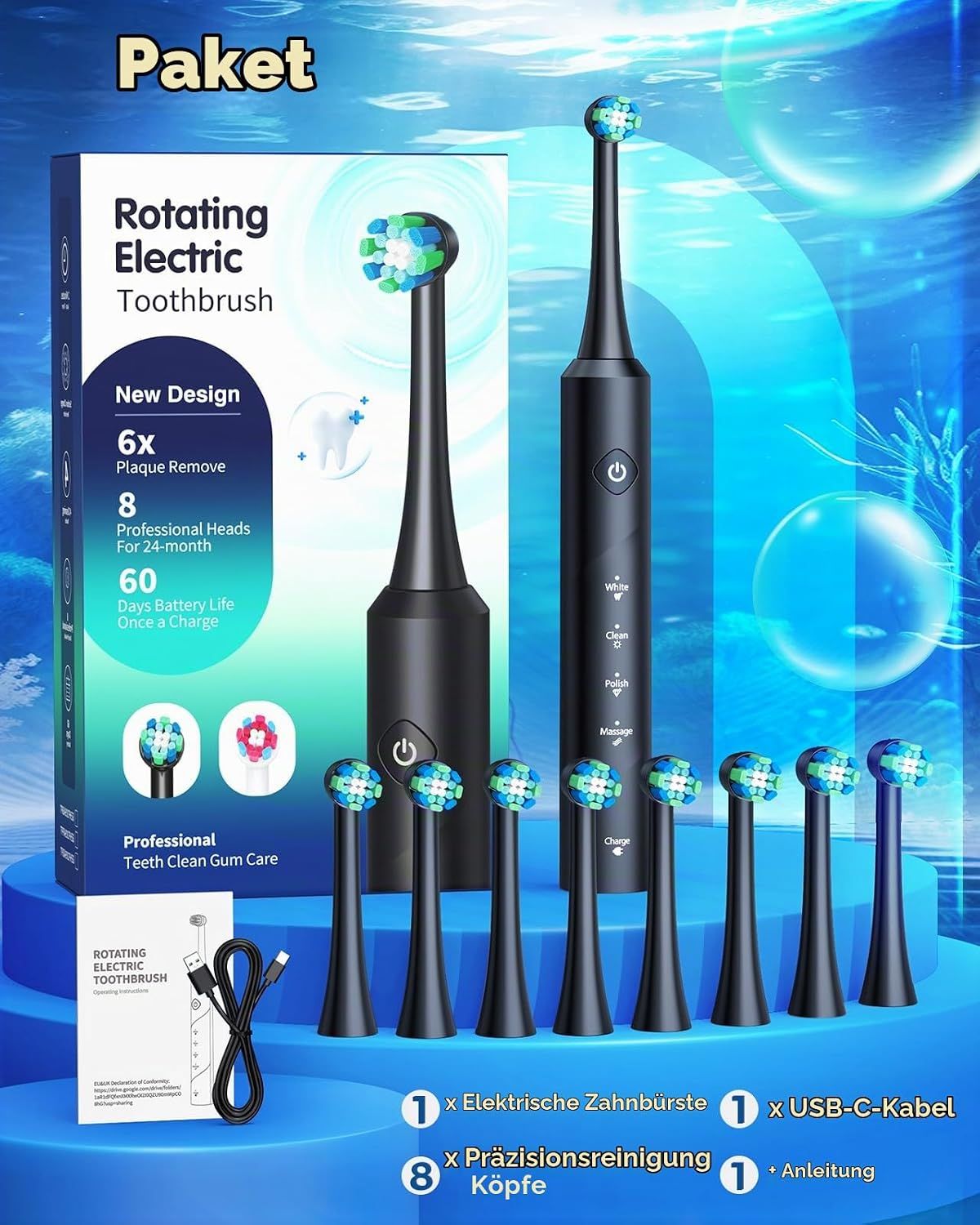 Verpackung und Zubehör einer elektrischen Zahnbürste: Bürste, 8 Aufsätze, Ladekabel, Anleitung.