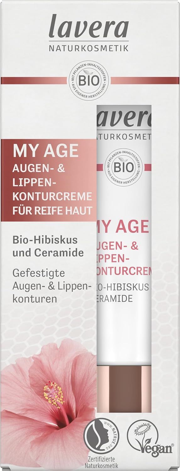 Verpackung der Augen- & Lippenkonturcreme. Produktname und Bio-Siegel sichtbar. Text: "MY AGE Augen- & Lippenkonturcreme für reife Haut".