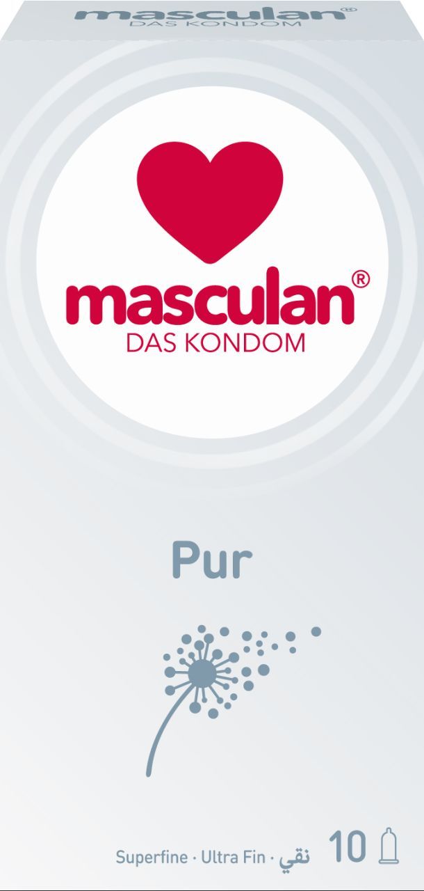 Verpackung von Masculan Kondomen. Weißer Hintergrund mit rotem Herz und Markenlogo. Text: Pur, Superfine, 10 Stück.
