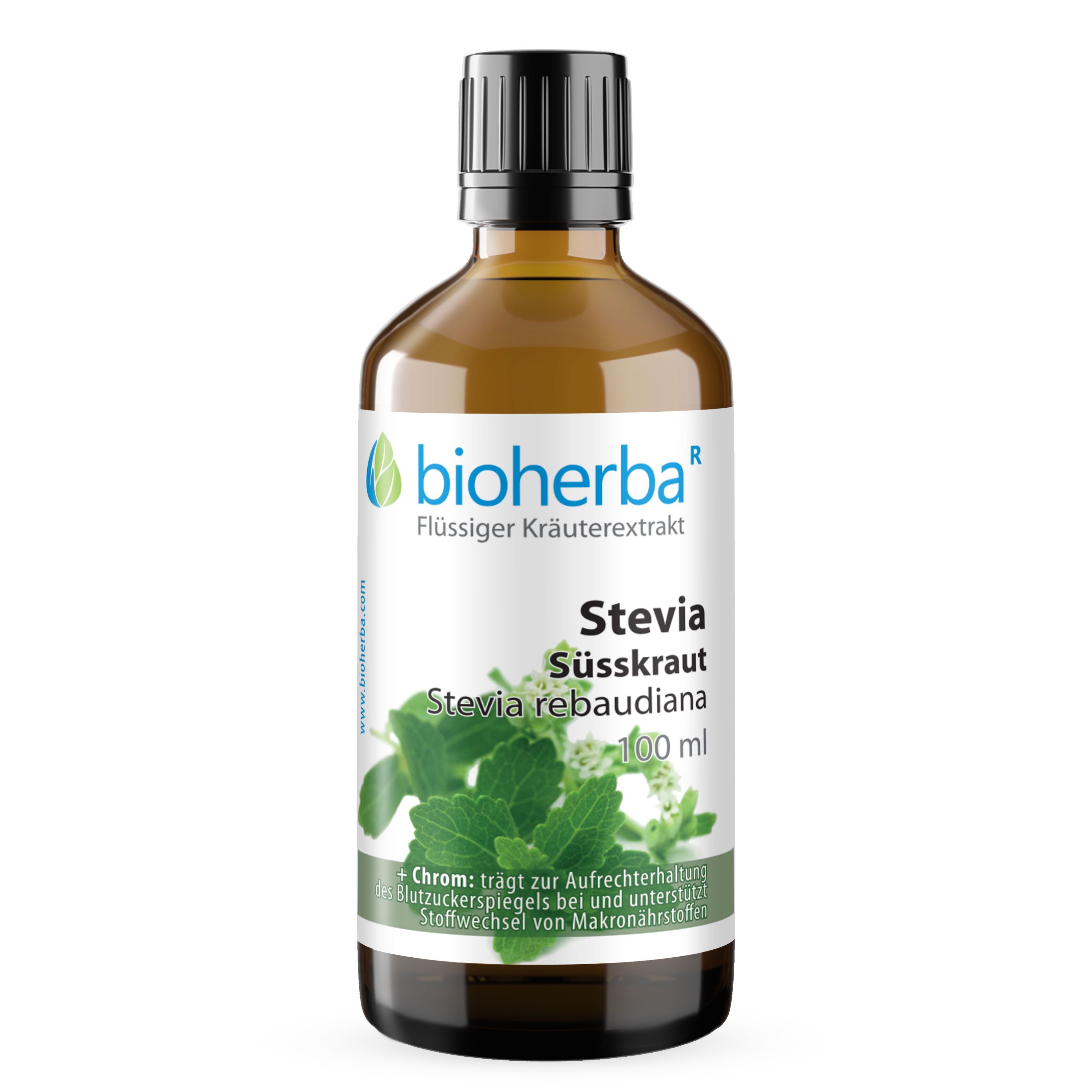 Braune Glasflasche mit schwarzem Deckel. Bioherba Logo und Produktname Stevia Süsskraut. 100 ml. Etikett mit Inhaltsstoffen.