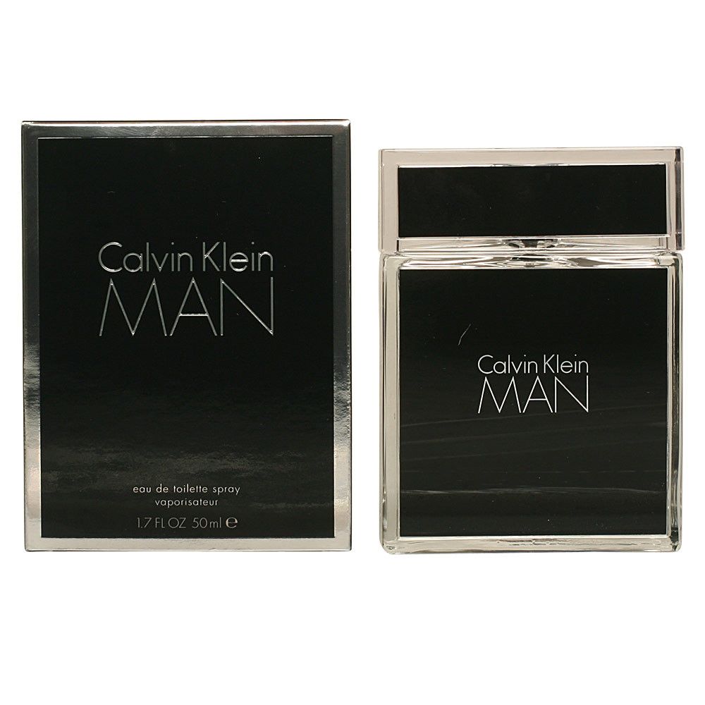Schwarzer Flakon und Verpackung. Aufschrift Calvin Klein MAN. Eau de Toilette Spray. 50ml.