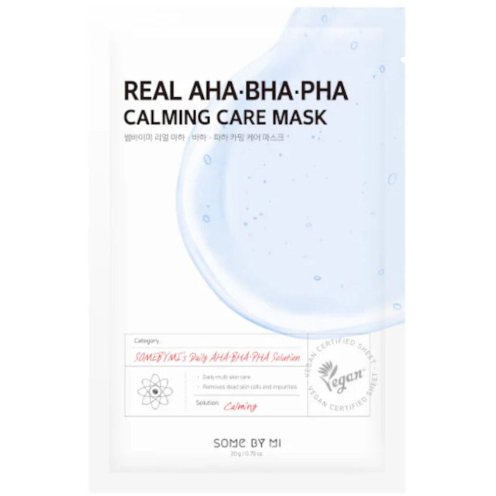 SOMEBYMI Real AHA-BHA-PHA Calming Care Mask Einzelverpackung mit Vegan-Zertifizierung.