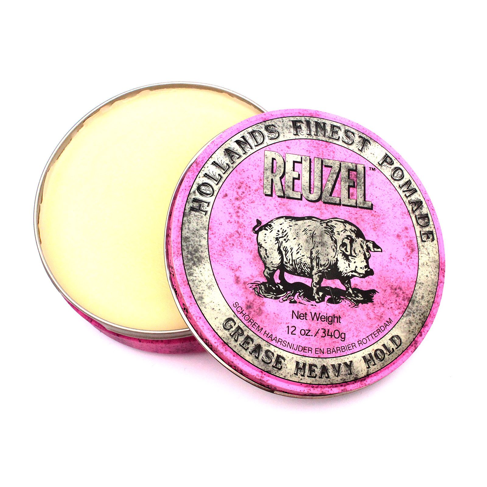 Geöffnete Reuzel Pink Pomade Dose mit Schwein-Logo und gelblicher Pomade.