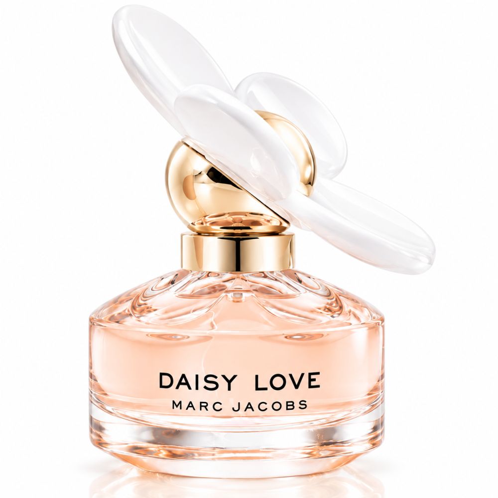 Marc Jacobs Daisy Love Eau de Toilette Spray Flakon mit weißer Blüte als Verschluss.