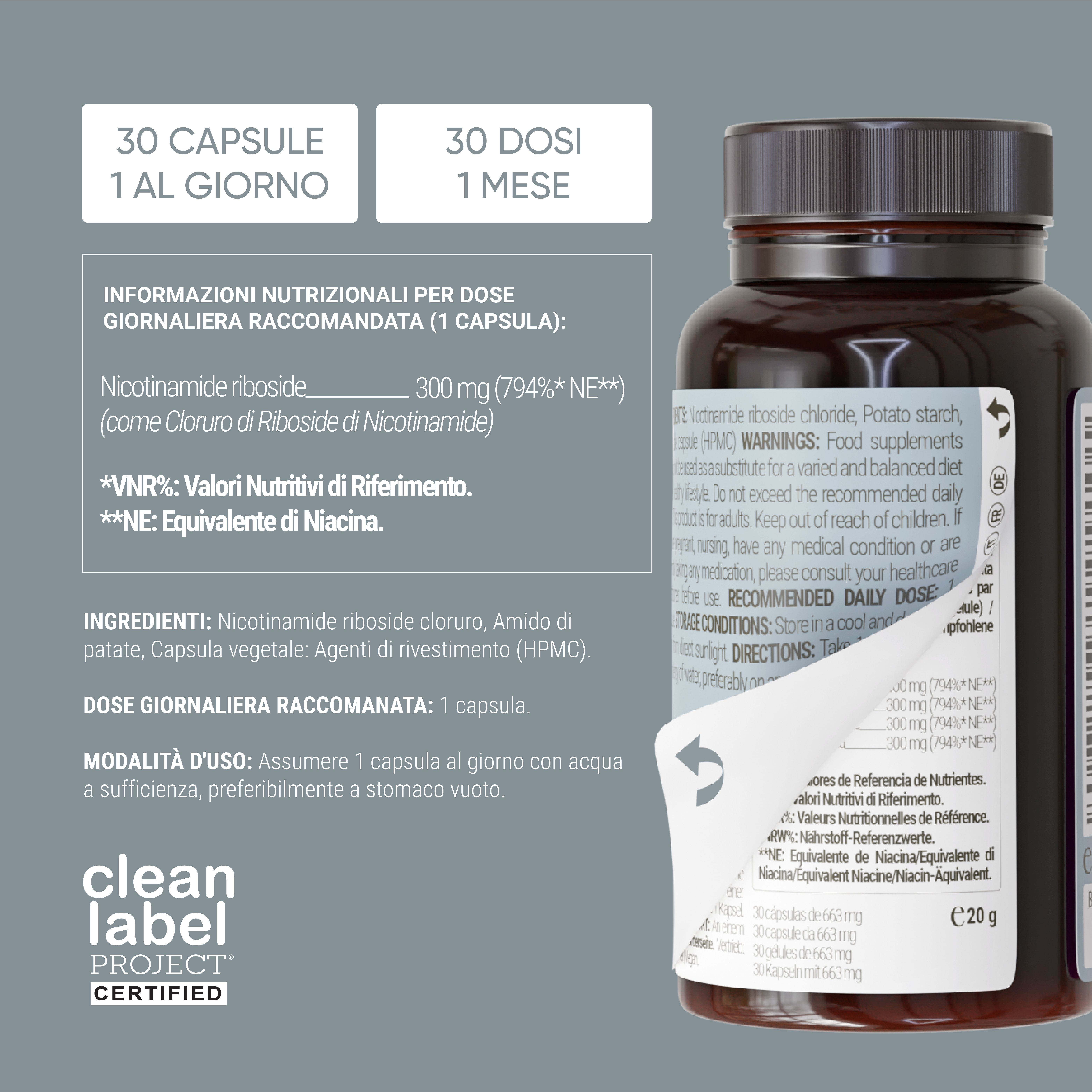 Braune Flasche mit Etikett. Text: 30 Kapseln, 1 pro Tag. Inhaltsstoffe und Nährwertangaben. Clean Label Project zertifiziert.