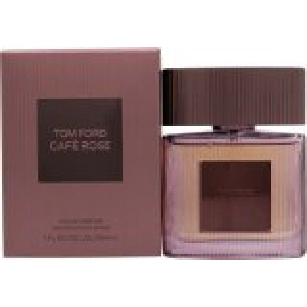 Rosa-farbenes Eau de Parfum mit Verpackung. Auf der Verpackung und dem Flakon steht "TOM FORD Café Rose".