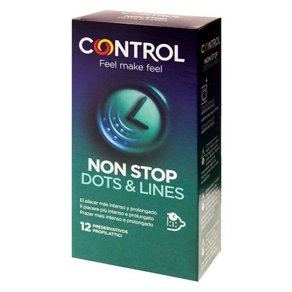 Verpackung von Control Non Stop Dots & Lines. 12 Kondome. Grün-blaue Schachtel mit Produktnamen und Logo.