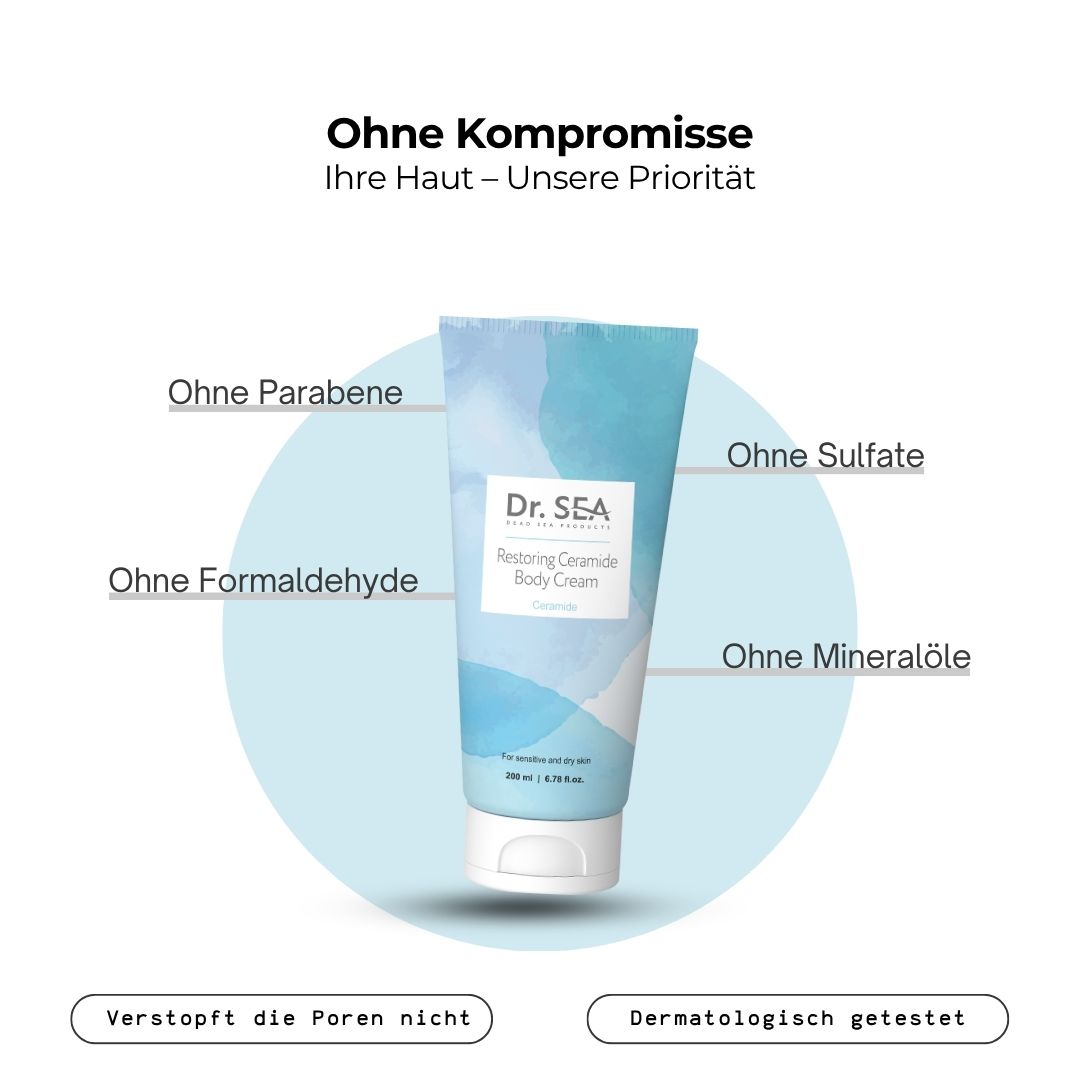 Creme-Tube mit Text. Aufschrift: Dr. SEA, Restoring Ceramide Body Cream. Ohne Parabene, Sulfate, Formaldehyd, Mineralöle.