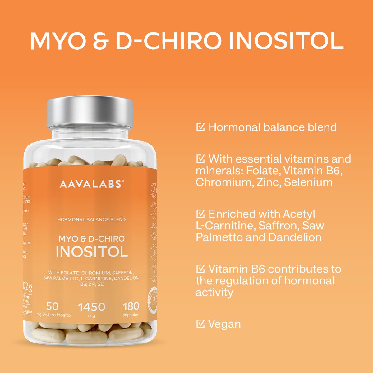 Transparente Flasche mit Kapseln. Aufschrift: Myo & D-Chiro Inositol. Enthält 180 Kapseln. Vegan.