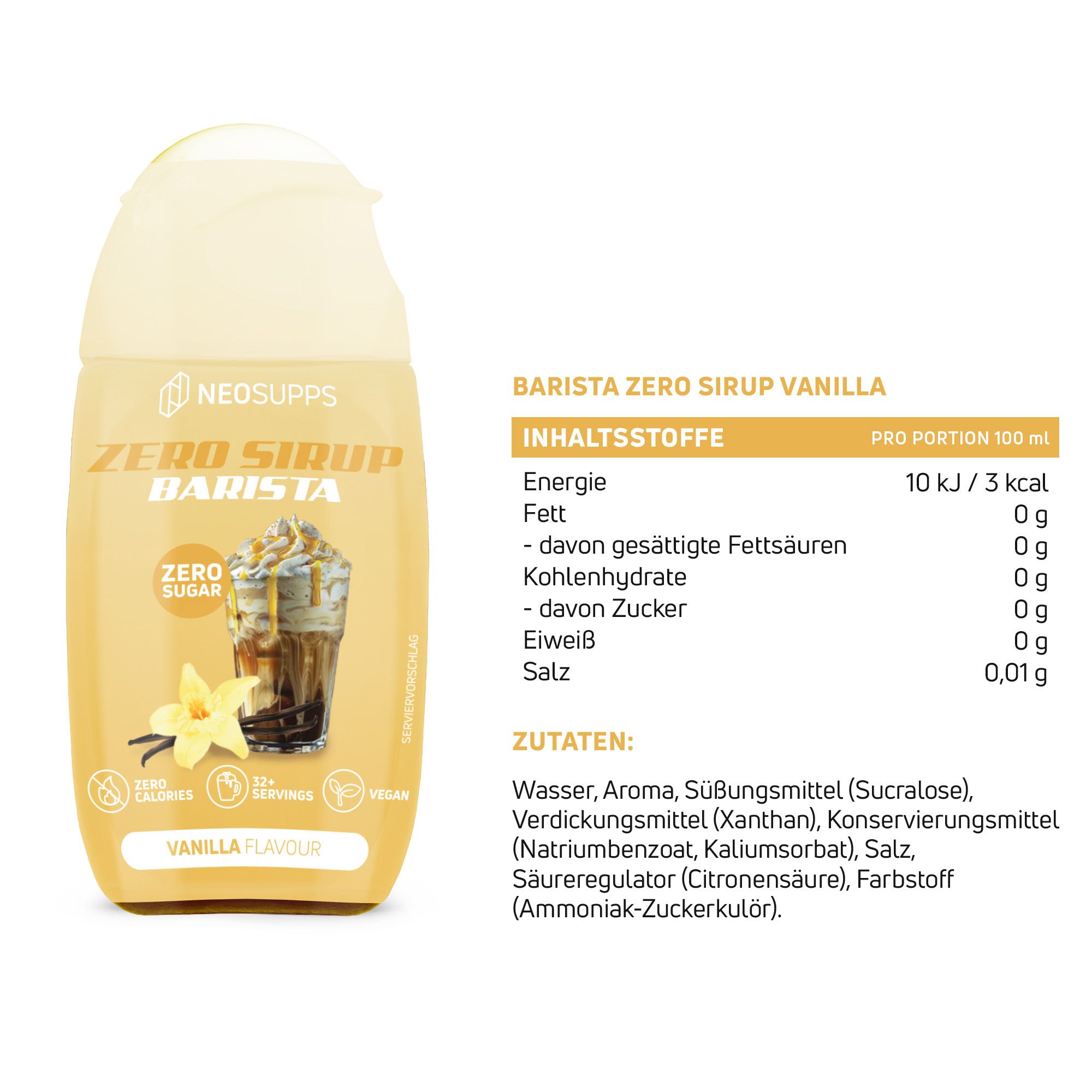 Gelbe Flasche mit Neosupps Zero Sirup Barista, Vanille Geschmack. Enthält Nährwertangaben und Zutatenliste. Vegan-Siegel.