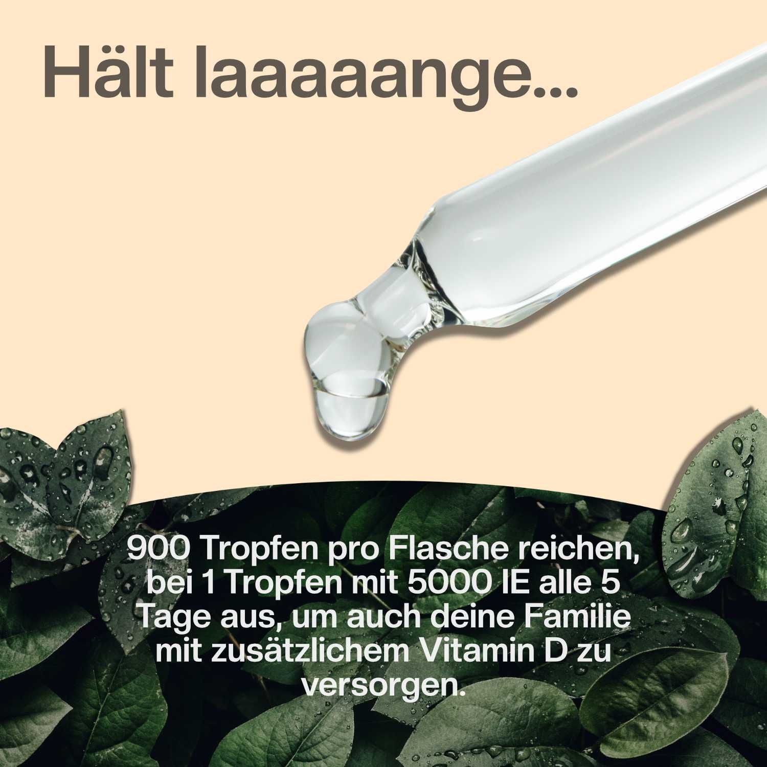 Tropfen mit Pipette, umgeben von grünen Blättern. Text: Hält laaaaaange...