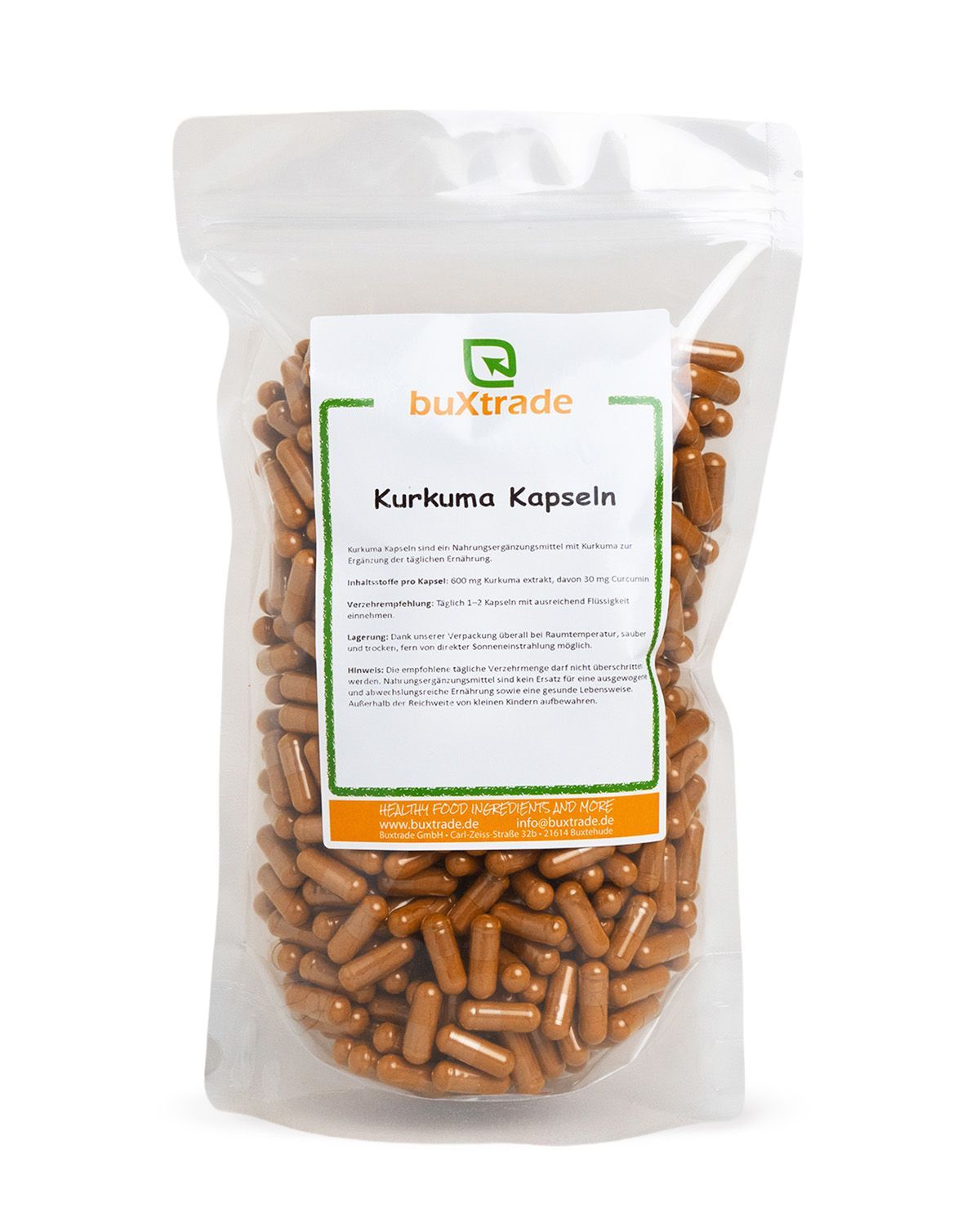 Ein Beutel mit Kurkuma-Kapseln, der Marke buxtrade und dem Produktnamen.