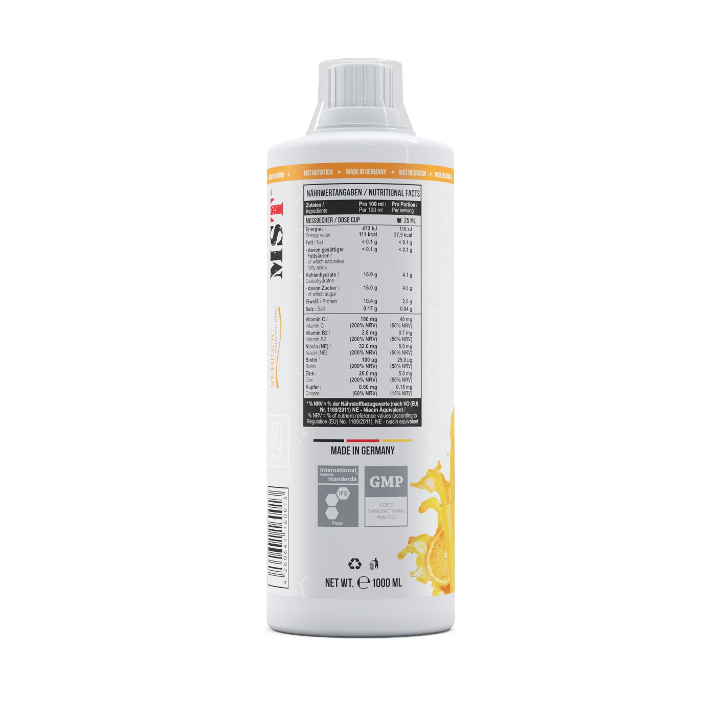 Rückseite einer Flasche MST Kollagen Peptiden mit Nährwertangaben und GMP-Siegel. Nettoinhalt 1000 ml.