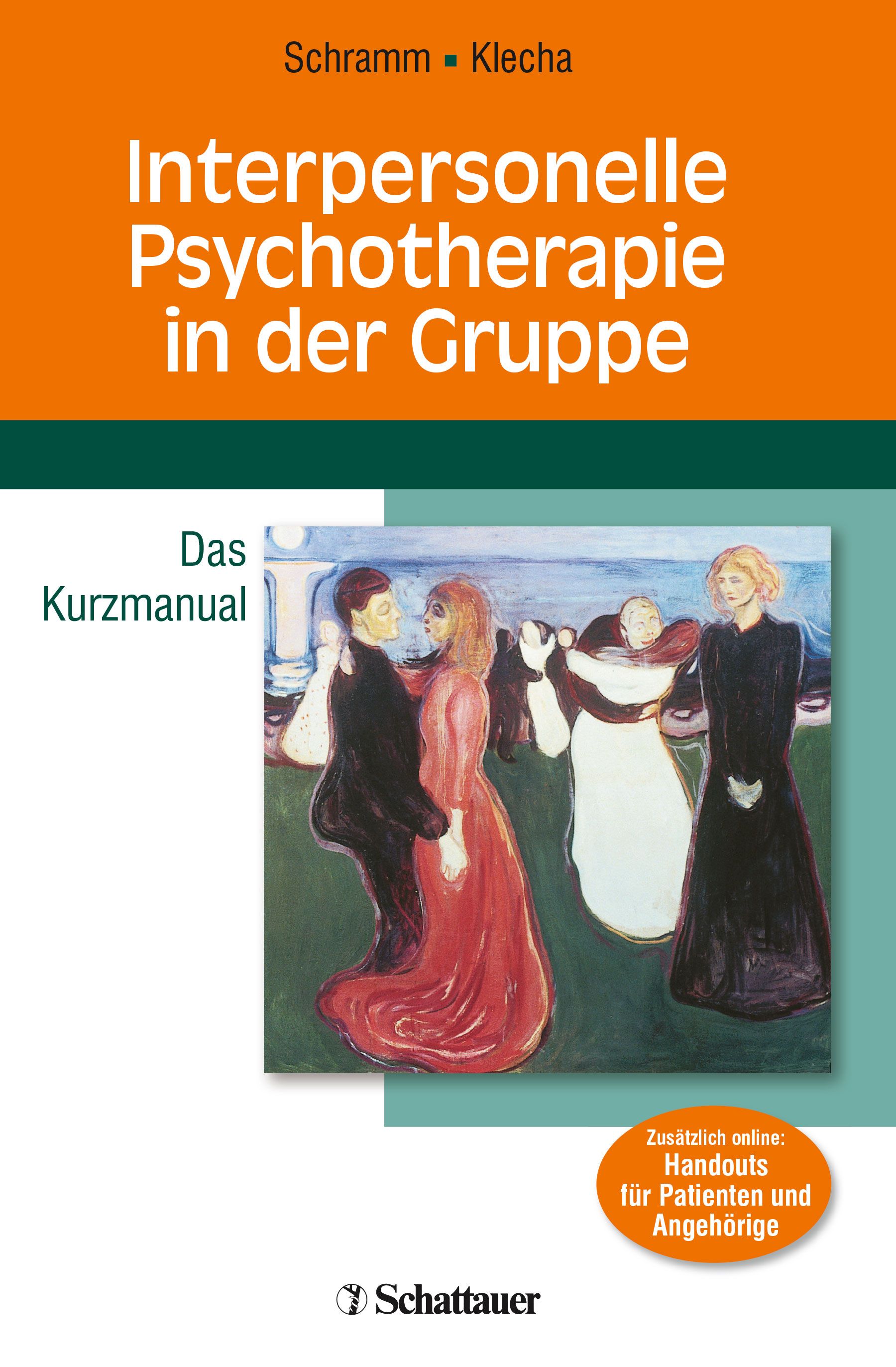 Buchcover: Interpersonelle Psychotherapie in der Gruppe. Titel, Autoren, Kurzmanual. Gemälde mit Personen. Schattauer-Verlag.