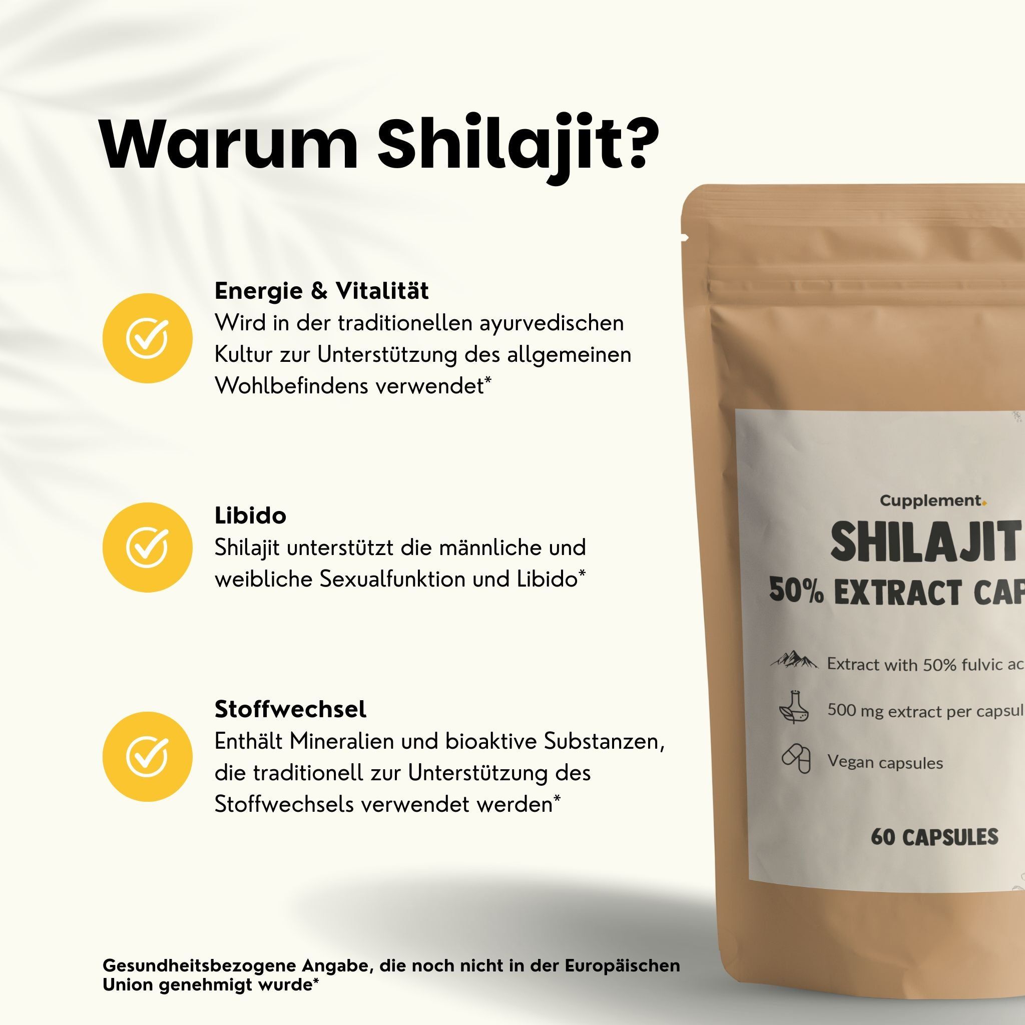 Text: Warum Shilajit? Gelbe Häkchen mit Text: Energie & Vitalität, Libido, Stoffwechsel. Beutel mit Kapseln.
