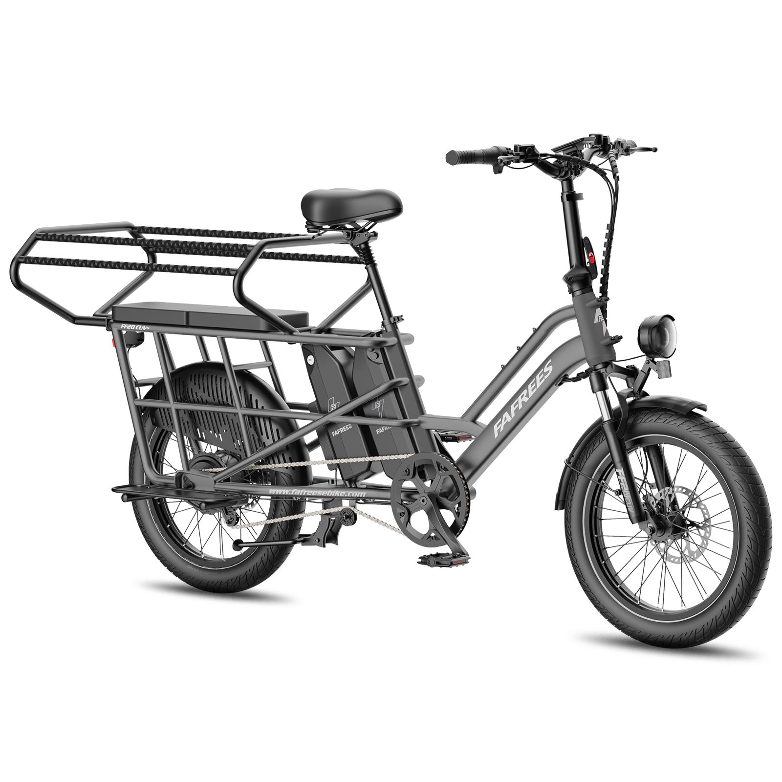 Graues Elektro-Lastenrad mit Doppelakku, großem Gepäckträger hinten und vorne montiertem Scheinwerfer.