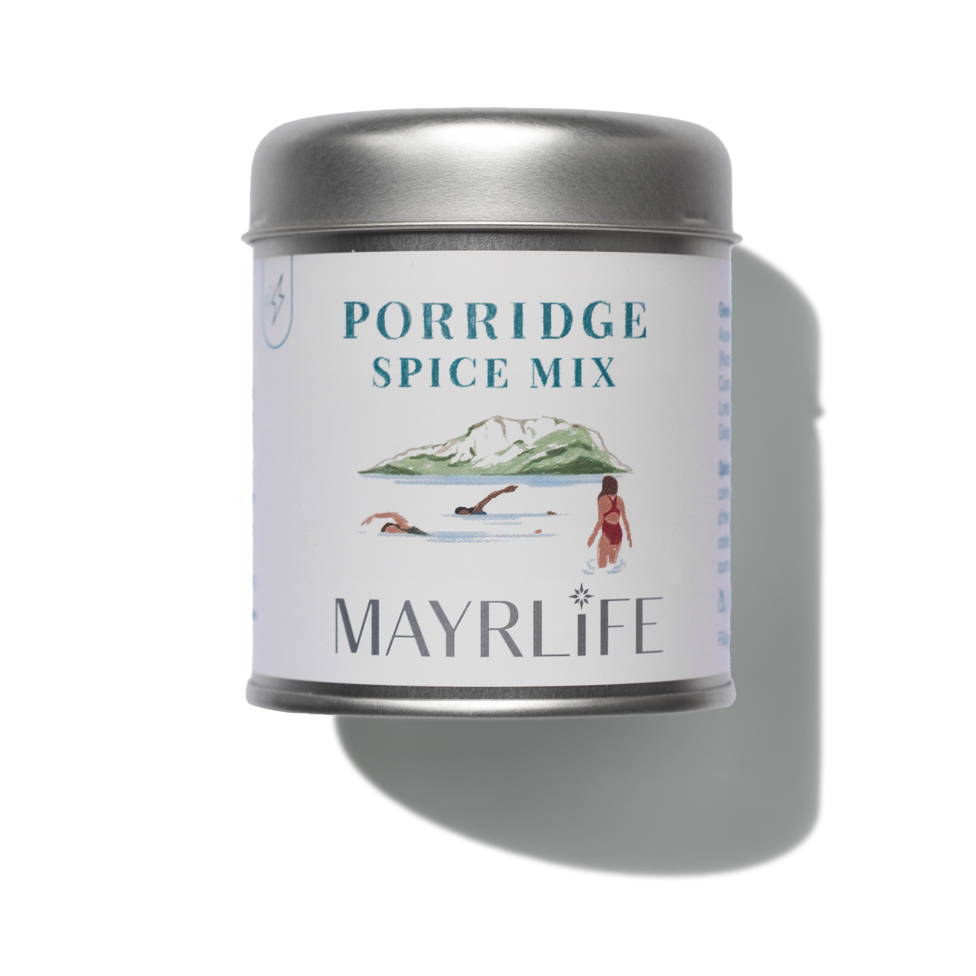 Runde Dose mit Deckel. Aufschrift "PORRIDGE SPICE MIX" und MAYRLIFE. Illustration einer Person am See. Silberfarbener Deckel.