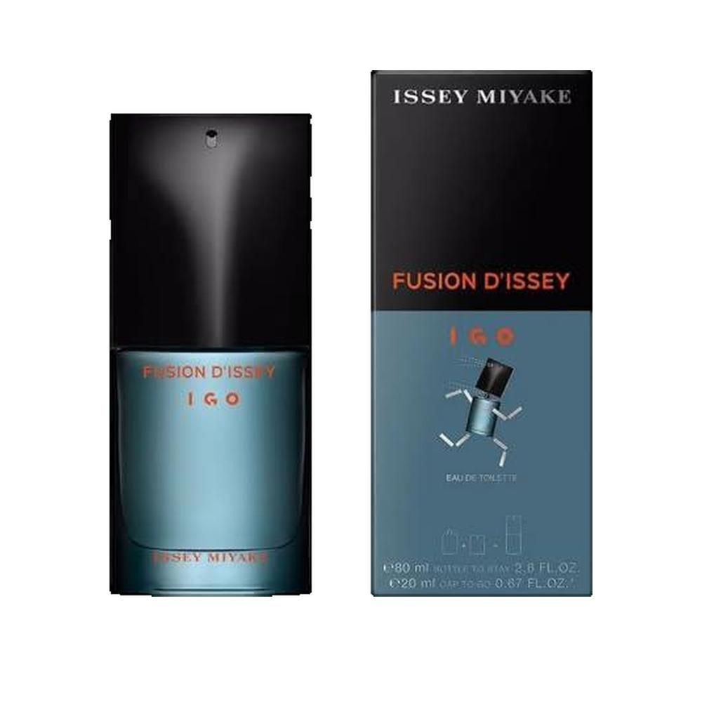 Flakon und Verpackung von Issey Miyake Fusion d'Issey IGO. Flakon blau, schwarzer Deckel. Verpackung schwarz und blau mit Logo und Schriftzug.