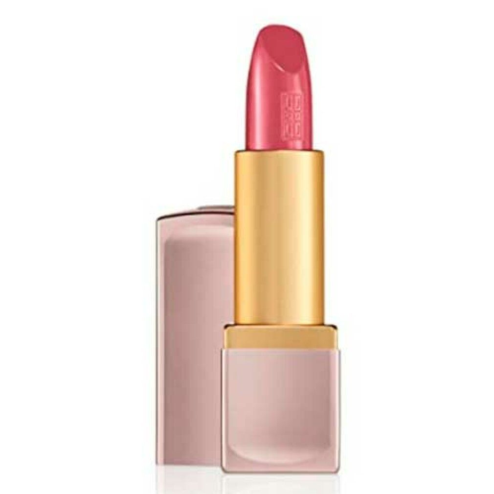 Rosafarbener Lippenstift mit goldfarbener Hülse und geöffnetem Deckel.