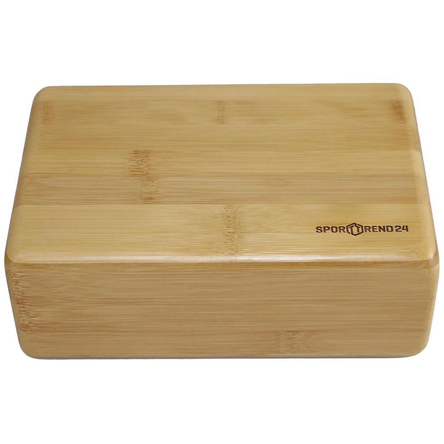 Rechteckiger Yoga-Block aus Bambus. Logo Sporttrend24 auf der Oberseite.