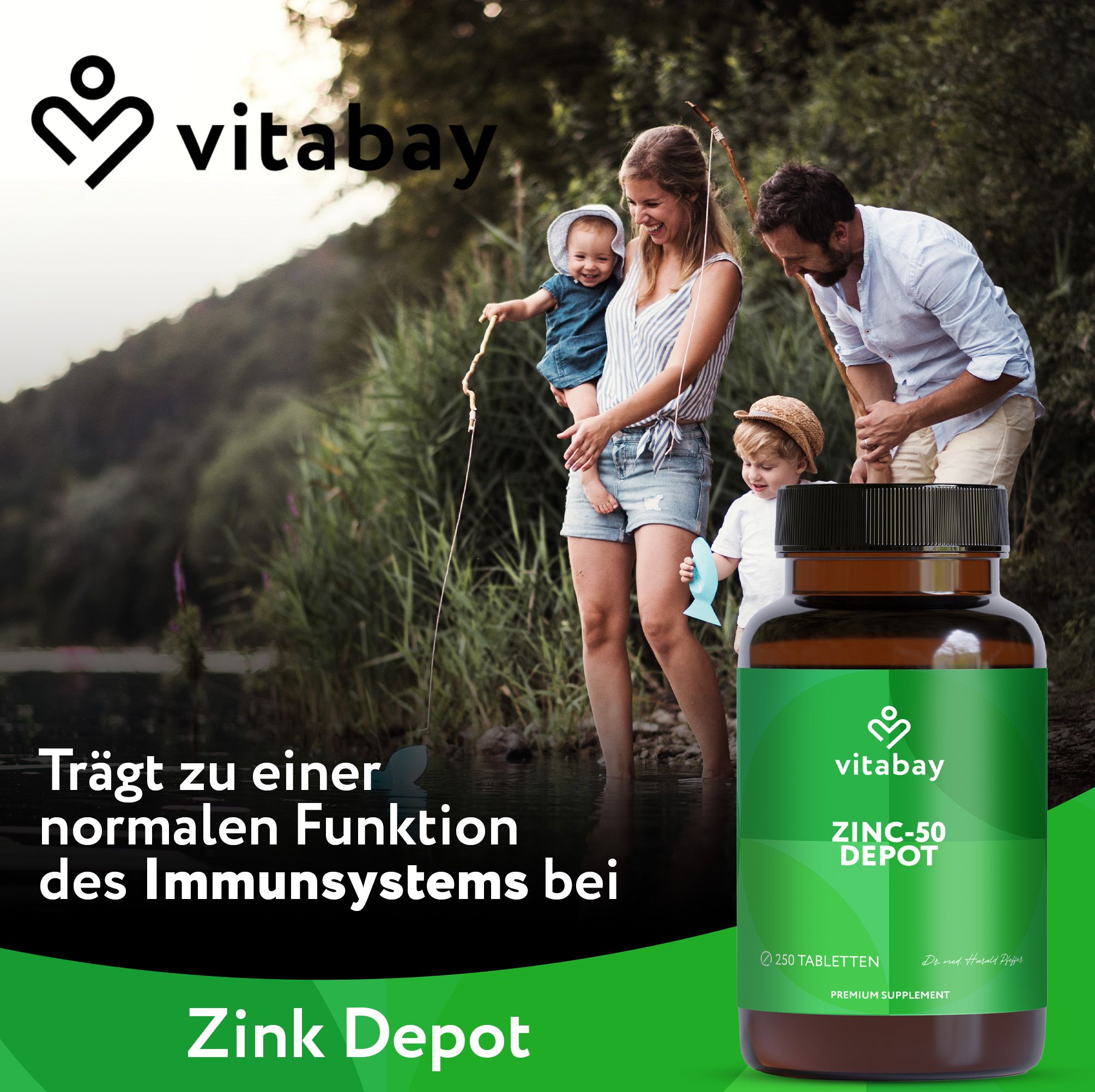 Familie am See. Flasche mit grünem Etikett. Aufschrift: Zink Depot. Text: Trägt zur normalen Funktion des Immunsystems bei.