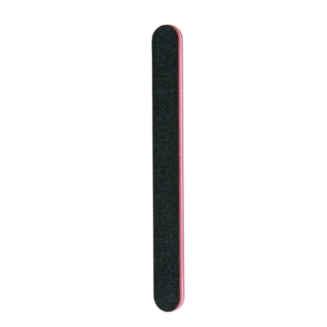 Nagelfeile mit schwarzer Reibefläche und rosa Seiten. Abgerundete Enden. Längliche Form.