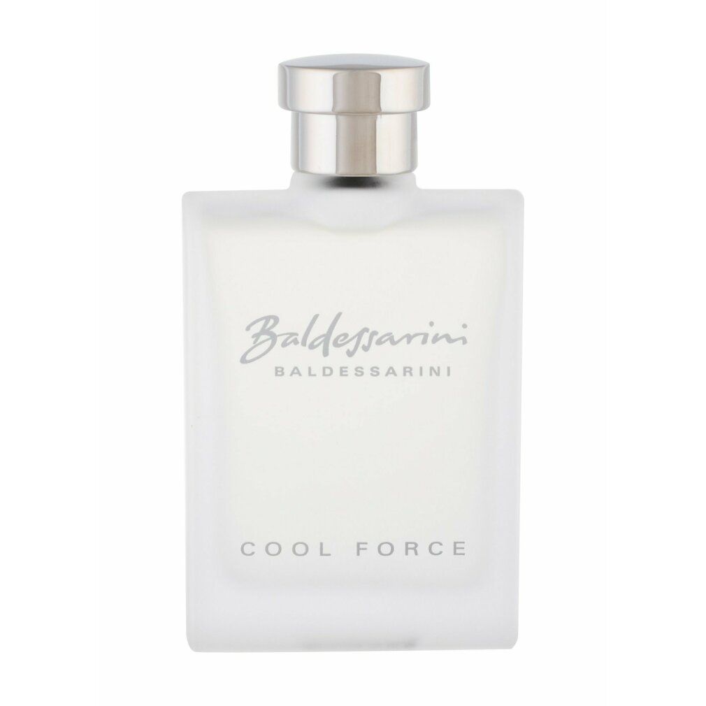 Baldessarini Cool Force After Shave Lotion in mattweißer Flasche mit silbernem Verschluss.