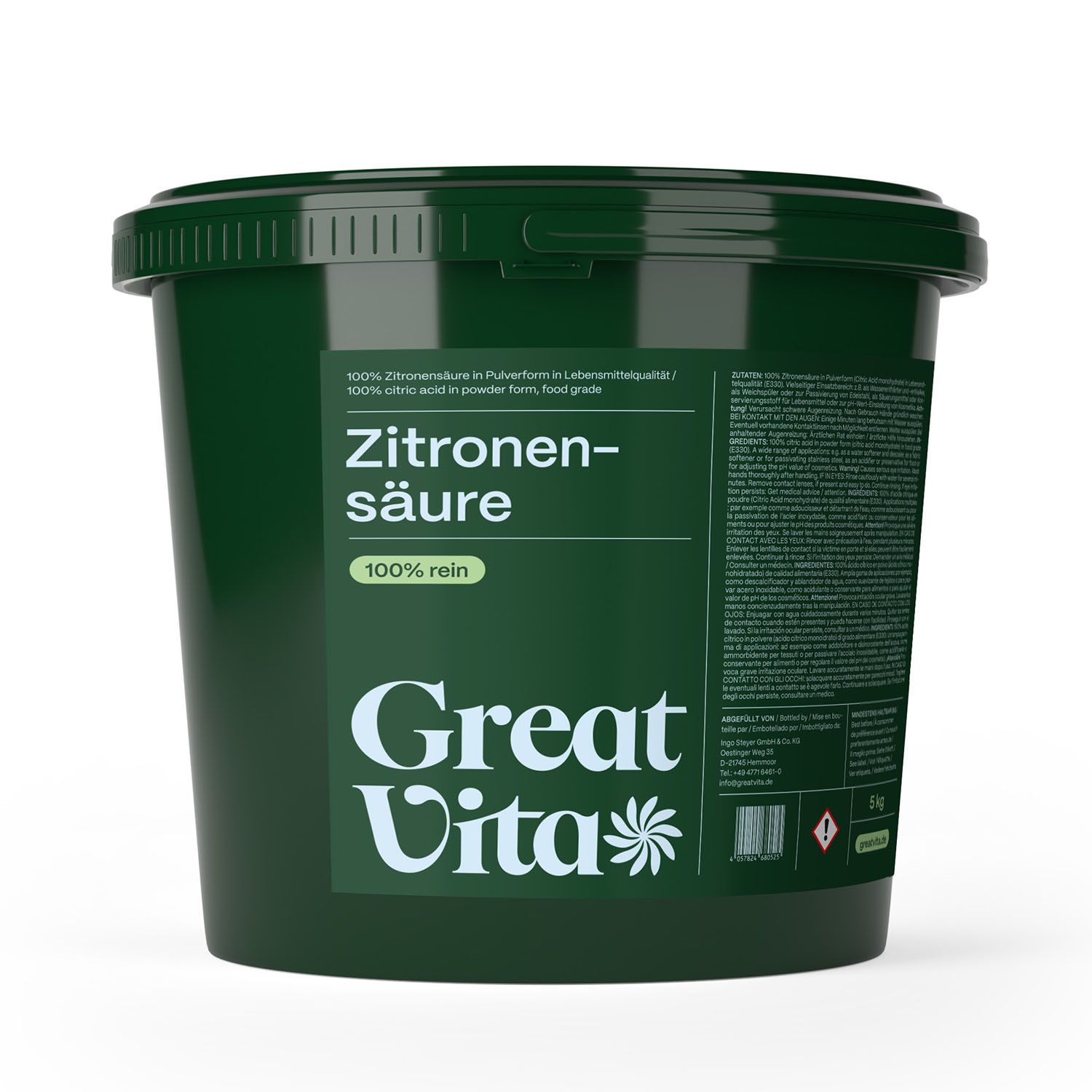 Grüner Eimer mit Aufschrift Zitronensäure und Great Vita Logo. 100% rein. Lebensmittelqualität.