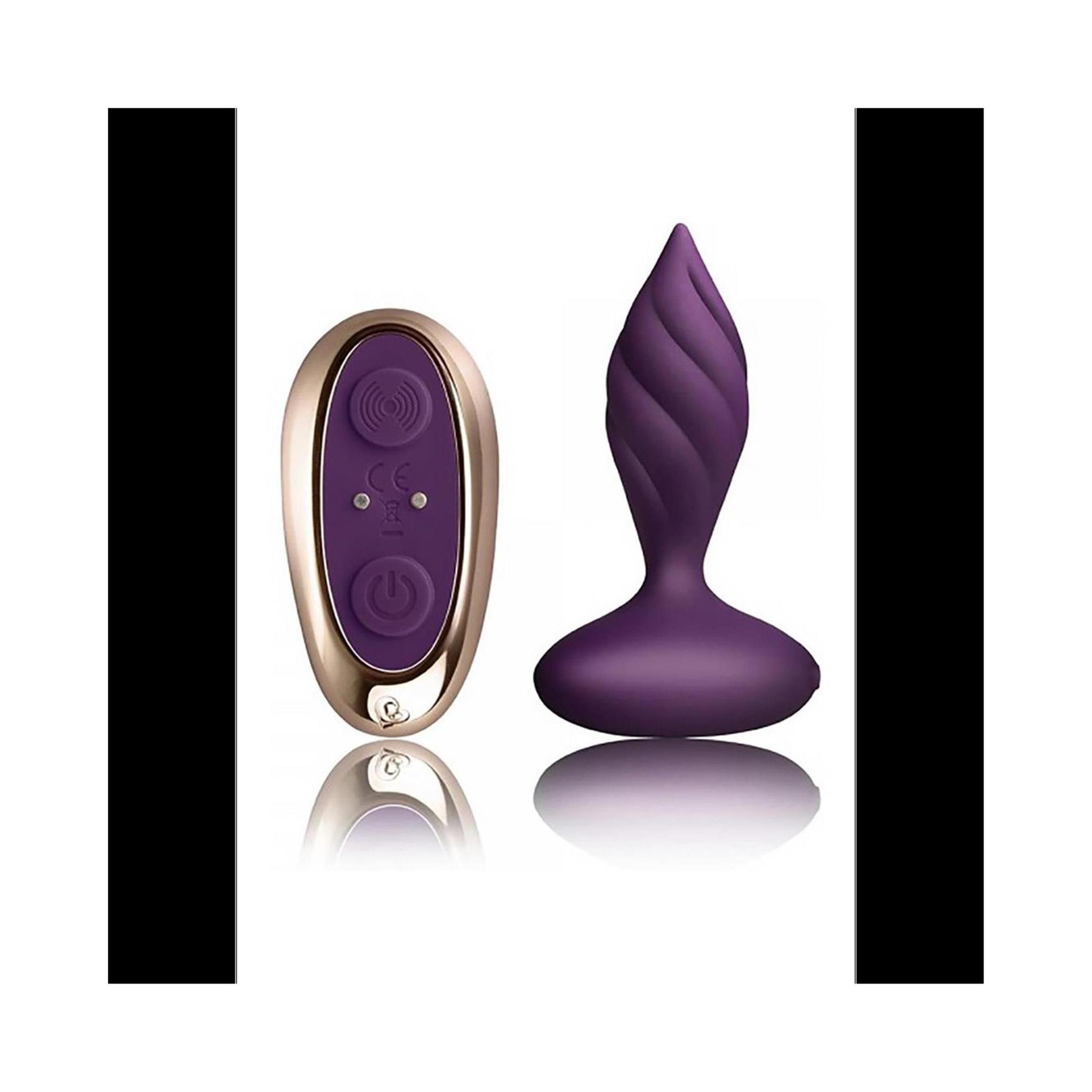 Lila Analstimulator und Fernbedienung mit Knöpfen und Metallrand.